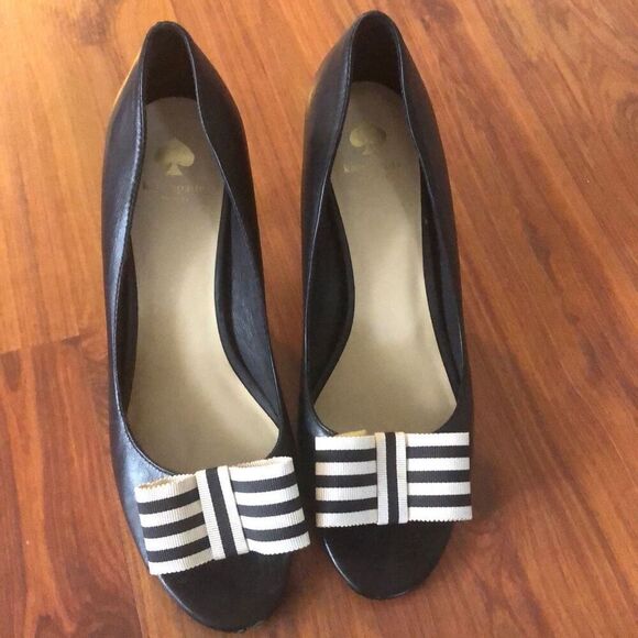 Kate Spade Black heels pumps with peep toe and Black and white bow 8 - Picture 2 of 6